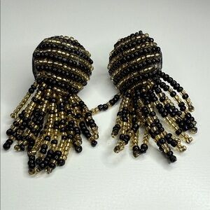 Vintage Elegant Black and Gold Seed Bead Earrings clip on retro glam disco